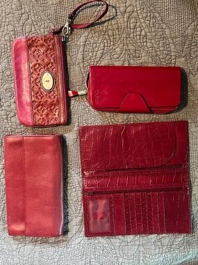 Lot of 4 Red Fossil, Anne Klein Passport Wallets, Zipper Bag, Croc Embossed